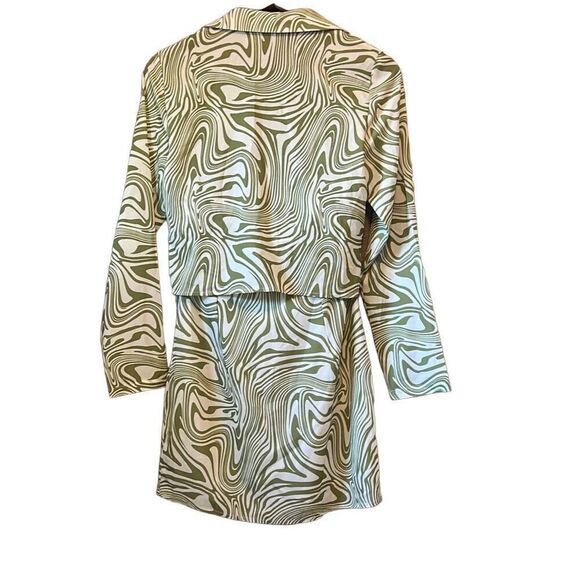 Motel Rocks Dress Long Sleeve Green White Marble Tie Front Mini Dress - Picture 6 of 6